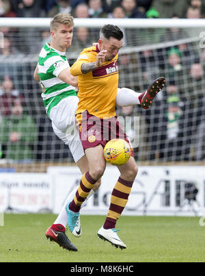 Celtic's Kristoffer Ajer and Motherwellss Ryan Bowman battle for the ball during the Ladbrokes Scottish Premiership match at Fir Park, Motherwell. Stock Photo