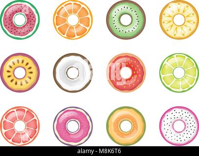 Colorful Fruit Donuts Vector Set Collection Isolated On White Stock Vector