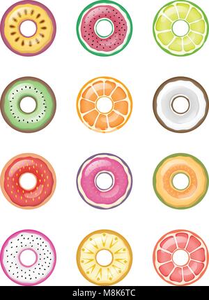 Colorful Fruit Donuts Vector Set Collection Isolated On White Stock Vector