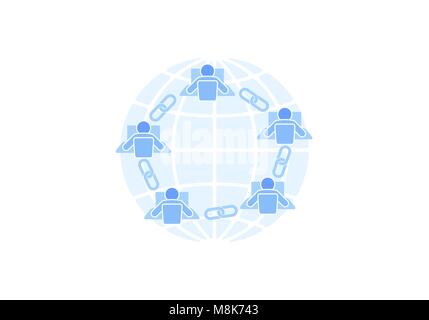 Blockchain link sign connection flat design. Internet technology chain icon hyperlink security business network concept. Blue futuristic style wire connected point vector illustration Stock Vector