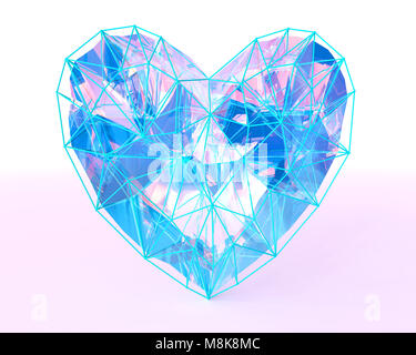 Abstract crystal heart in low poly style with colored light on the dark blue background for Happy Valentine's Day celebration. 3D rendering. Stock Photo