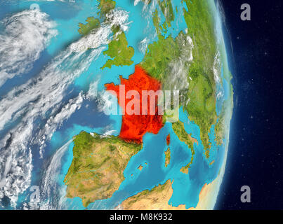 Space view of France highlighted in red on planet Earth with atmosphere. 3D illustration. Elements of this image furnished by NASA. Stock Photo