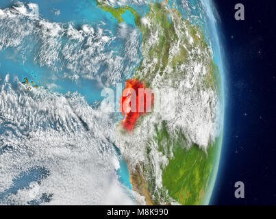 Space view of Ecuador highlighted in red on planet Earth with atmosphere. 3D illustration. Elements of this image furnished by NASA. Stock Photo