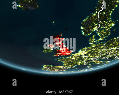 United Kingdom at night highlighted in red on planet Earth. 3D ...