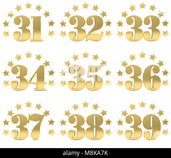 Set of golden digit from thirty one to thirty nine, decorated with a circle of stars. 3D illustration Stock Photo