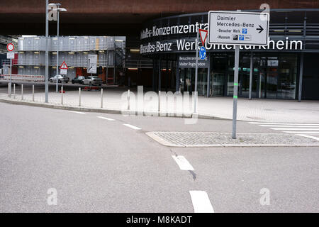 Stuttgart, Germany - February 03, 2018: Streets and infrastructure in front of the the visitor entrance of the Daimler headquarters of the Mercedes-Be Stock Photo