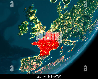 Night view of France highlighted in red on planet Earth with atmosphere. 3D illustration. Elements of this image furnished by NASA. Stock Photo