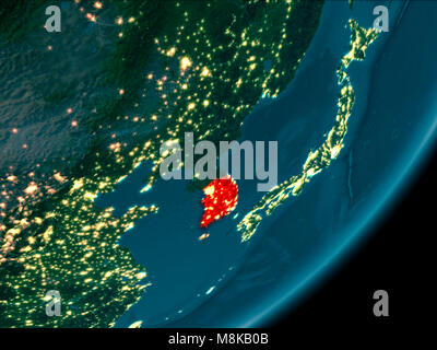 Satellite night view of South Korea highlighted in red on planet Earth ...