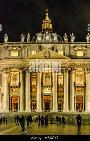 ROME, ITALY, JANUARY - 2018 -Night scene exterior facade of famous san pietro basilica at san pietro square, Rome, Italy Stock Photo