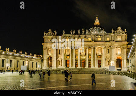 ROME, ITALY, JANUARY - 2018 -Night scene exterior facade of famous san pietro basilica at san pietro square, Rome, Italy Stock Photo