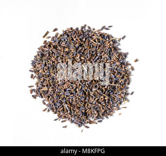 Pile of medicinal lavender herb flowers on white background. Top Stock Photo
