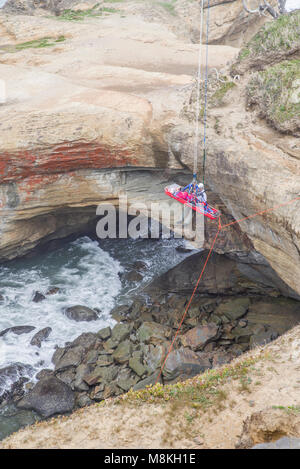 Newport fire department conducts a rescue drill at Devil's Punchbowl State Natural Area.  Otter Rock, Oregon