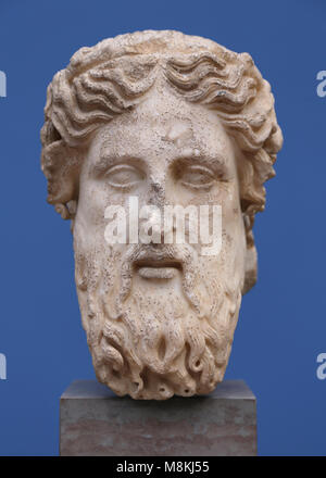 Bearded head of Hermes. Herm. Italy, 1st-3nd century AD. Marble. Greek god used as a marked boundaries or landmark. Stock Photo