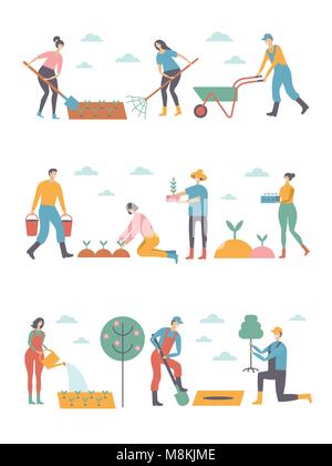 People working in garden design elements and icons in flat style. Stock Vector