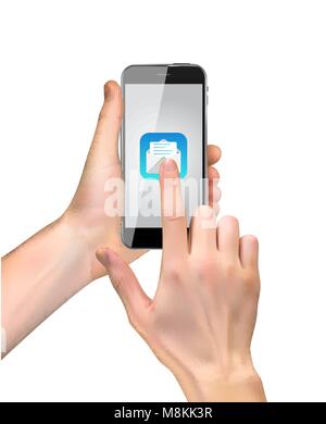 Realistic Hand holding mobile phone with email icon. Vector Illustration Stock Vector