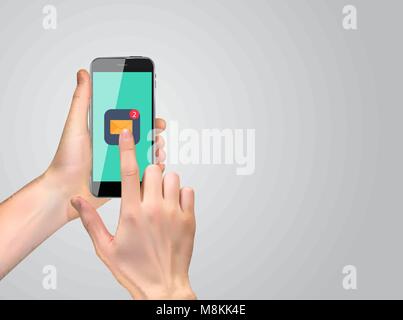 Realistic Hand holding mobile phone with email icon. Vector Illustration Stock Vector