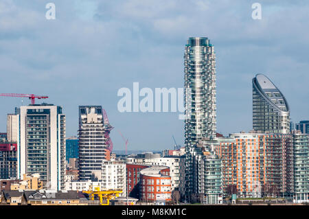 Ontario Tower and Providence Tower in Tower Hamlets.  Seen across the Thames from Greenwich.. Stock Photo