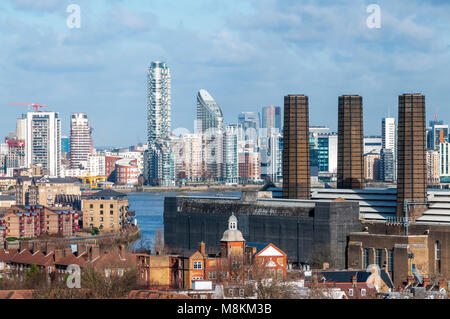 Ontario Tower and Providence Tower in Tower Hamlets.  Seen across the Thames from Greenwich. Stock Photo