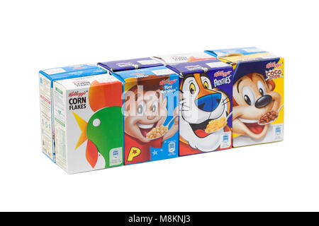 Kellogg's mini box cereals on white background Stock Photo