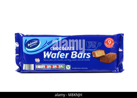 Packaged chocolate wafer bars on white background Stock Photo