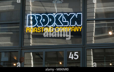 Neon window sign at Brooklyn Roasting Company in Dumbo, Brooklyn, NYC Stock Photo