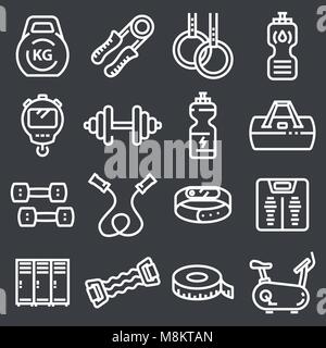 Vector Fitness and Gym line icons on gray background Stock Vector