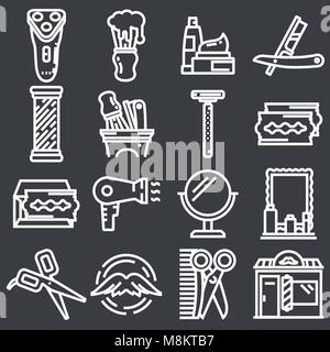 barber salon or shop vector icons set. Shaving tools collection, comb, mustache, scissors, shears, haircut Stock Vector