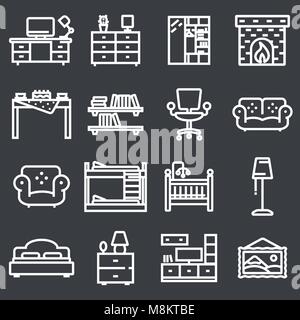 Basic Furniture icon set in thin line style on gray background Stock Vector