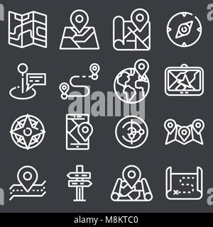Map icons on gray background. GPS and Navigation. Stock Vector