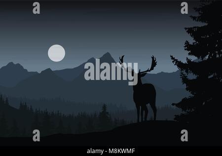 Deer in night landscape with forest and mountains under dark sky with clouds and moon - vector Stock Vector
