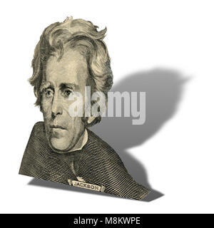 Portrait of former U.S. president Andrew Jackson as he looks on twenty dollar bill obverse.  Photo at an angle of 45 degrees, with a shadow. Stock Photo