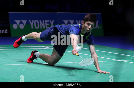 Birmingham. 18th Mar, 2018. Shi Yuqi of China returns the shot during the men's singles final with his compatriot Lin Dan at All England Open Badminton Championships 2018 in Birmingham, Britain on March 18, 2018. Credit: Han Yan/Xinhua/Alamy Live News Stock Photo