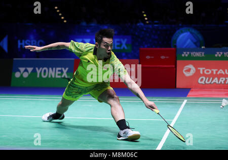 Birmingham. 18th Mar, 2018. Lin Dan of China returns the shot during the men's singles final with his compatriot Shi Yuqi at All England Open Badminton Championships 2018 in Birmingham, Britain on March 18, 2018. Credit: Han Yan/Xinhua/Alamy Live News Stock Photo