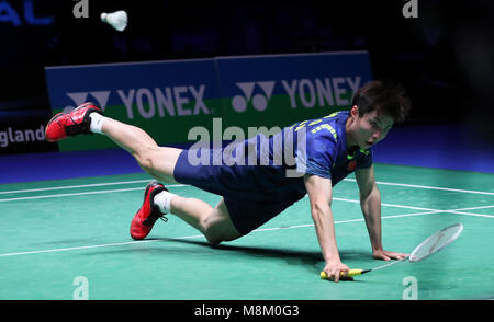 Birmingham. 18th Mar, 2018. Shi Yuqi of China returns the shot during the men's singles final with his compatriot Lin Dan at All England Open Badminton Championships 2018 in Birmingham, Britain on March 18, 2018. Credit: Han Yan/Xinhua/Alamy Live News Stock Photo