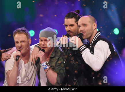 Munich, Germany. 17th Mar, 2018. The band voXXclub performing at the Saturday night show 'Heimlich! · Die grosse Schlager-Ueberraschung' at the Bavaria Filmstudios. Photo: Felix Hörhager/dpa Credit: dpa picture alliance/Alamy Live News
