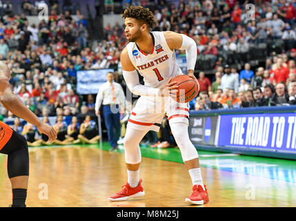 March 17, 2018: Texas Tech Red Raiders guard Brandone Francis #1 in the second round of the NCAA March Madness Men's Basketball game between the Texas Tech Red Raiders and the Florida Gators at the American Airlines Center in Dallas, TX Texas defeated Florida 69-66 Albert Pena/CSM Stock Photo