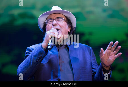 18 March 2018, Germany, Hamburg: Italian singer Al Bano appearing in a sport hall in Hamburg to begin his farewell tour. Photo: Daniel Reinhardt/dpa Stock Photo