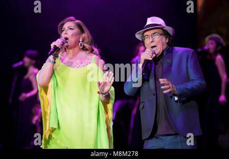 18 March 2018, Germany, Hamburg: The Italian pop-duo Al Bano and Romina Power appearing in a sport hall in Hamburg to begin their farewell tour. Photo: Daniel Reinhardt/dpa Stock Photo