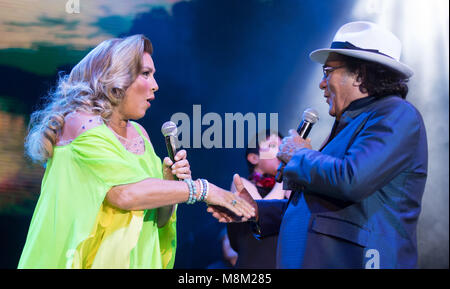 18 March 2018, Germany, Hamburg: The Italian pop-duo Al Bano and Romina Power appearing in a sport hall in Hamburg to begin their farewell tour. Photo: Daniel Reinhardt/dpa Stock Photo