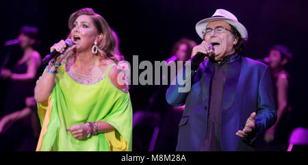 18 March 2018, Germany, Hamburg: The Italian pop-duo Al Bano and Romina Power appearing in a sport hall in Hamburg to begin their farewell tour. Photo: Daniel Reinhardt/dpa Stock Photo