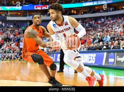 March 17, 2018: Texas Tech Red Raiders guard Brandone Francis #1 in the second round of the NCAA March Madness Men's Basketball game between the Texas Tech Red Raiders and the Florida Gators at the American Airlines Center in Dallas, TX Texas defeated Florida 69-66 Albert Pena/CSM Stock Photo