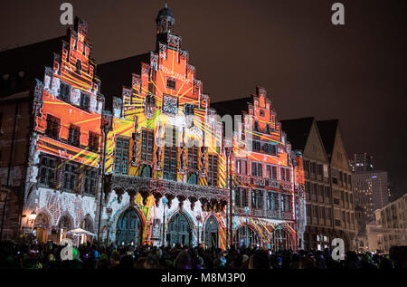 18 March 2018, Germany, Frankfurt am Main: Light installation 'Frankfurt Fades' by artist Philipp Geist at the Roemer, as part of the 'Luminale'. The illuminations run until 23 March in Frankfurt and Offenbach. Photo: Boris Roessler/dpa Stock Photo