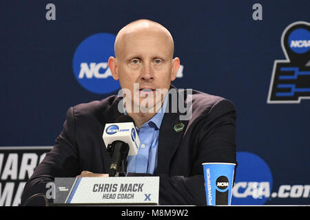 Nashville, Tennessee, USA. 18th Mar, 2018. Xavier Musketeers head coach Chris Mack speaks to the media after the game against the Florida State Seminoles at Bridgestone Arena on March 18, 2018 in Nashville, Tennessee. Credit: FGS Sports/Alamy Live News Stock Photo