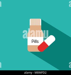 Pill bottle with various pills and capsules. Stock Vector