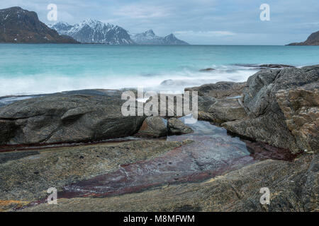 Little puddle at Haukland Beach, Lofoten, Norway Stock Photo