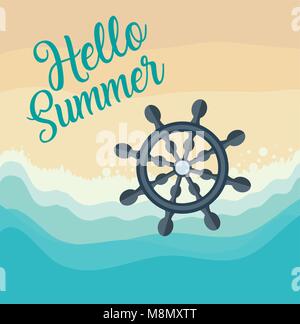 Hello summer design with rudder icon over beach background, colorful design vector illustration Stock Vector