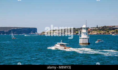 Australia, New South Wales, Sydney Harbour, Port Jackson, view of the Western Channel Pile Light and the Sydney Heads. Stock Photo