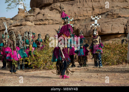 A Dogon masked dancer shaking a stick during a ritualistic tribal dance. Dogon country, Mali, West Africa. Stock Photo