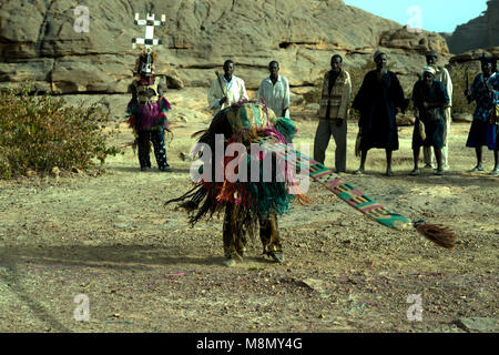 A group of Dogon masked dancers watch a man wearing a towering headdress perform his part in a traditional dance. Dogon country, Mali, West Africa. Stock Photo