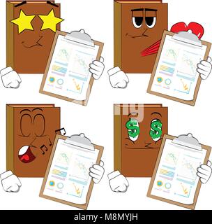 Books shows finance report. Cartoon book collection with various faces. Expressions vector set. Stock Vector